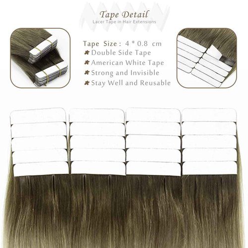 Lacerhair Rooted Tape in Hair Extensions Human Hair Seamless Skin Weft Real Remy Invisible Natural Hair #8G/60A Double Sided Light Platinum Blond with Light Ash Brown Roots 22" 50g