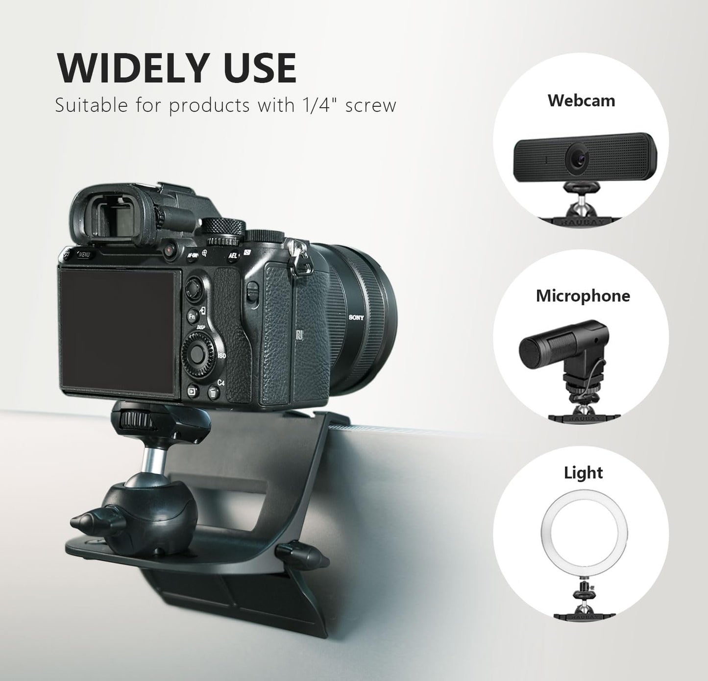 【CM01】 RAUBAY Monitor Top Camera Mount Clamp, Hanging Webcam Stand with 1/4" Screw, Suitable for Flat-Screen Monitors, for Live Stream, Video Conferencing, YouTube, TikTok, etc.