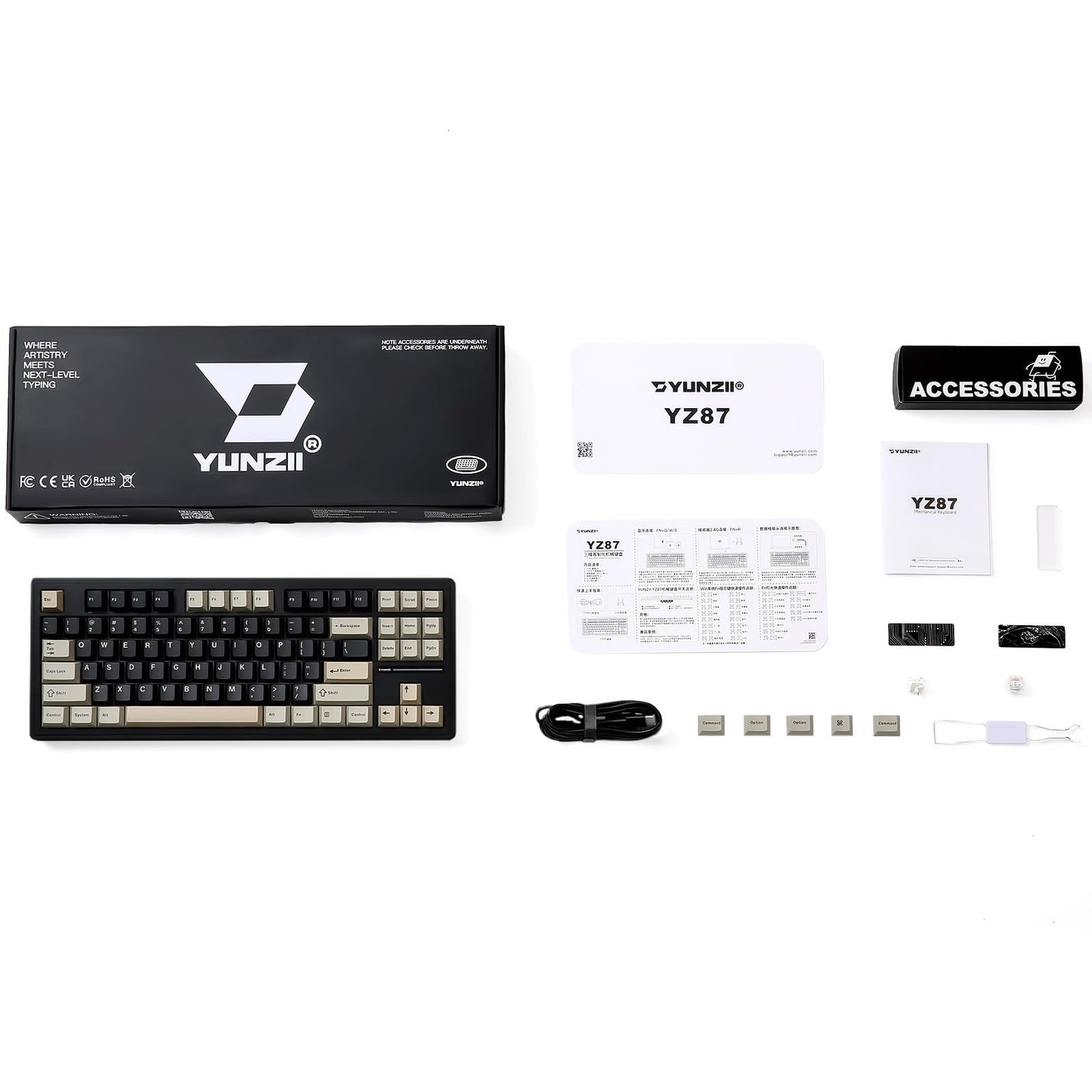 YUNZII YZ87 Gasket Mechanical Keyboard,TKL Wireless Hot Swappable with 5-Layer Padding, BT5.0/2.4G/USB-C NKRO RGB Backlit for Win/Mac (Black, Milk Switch)