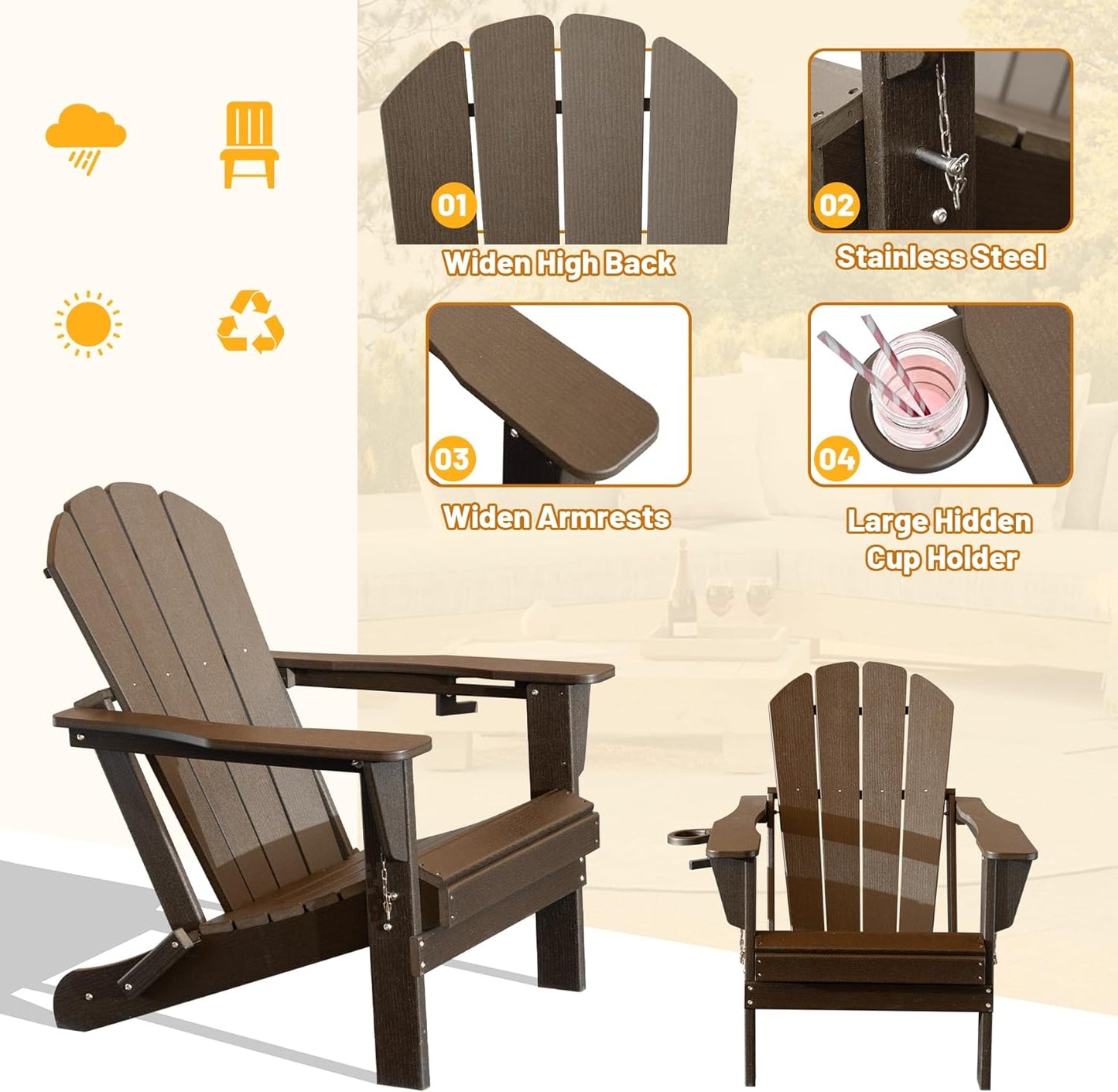 Adirondack Chairs Set Of 2, Plastic Chair, Chairs, HDPE Folding