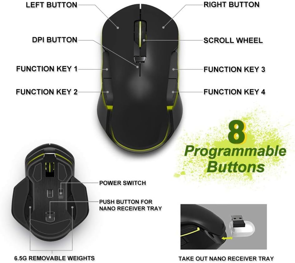 2.4G Wireless/Wired Gaming Mouse Portable Ergonomic Game Mice with USB Receiver, 16000 DPI Optical Sensor, 8 Programmable Buttons for Laptop, Notebook, PC Computer, MacBook