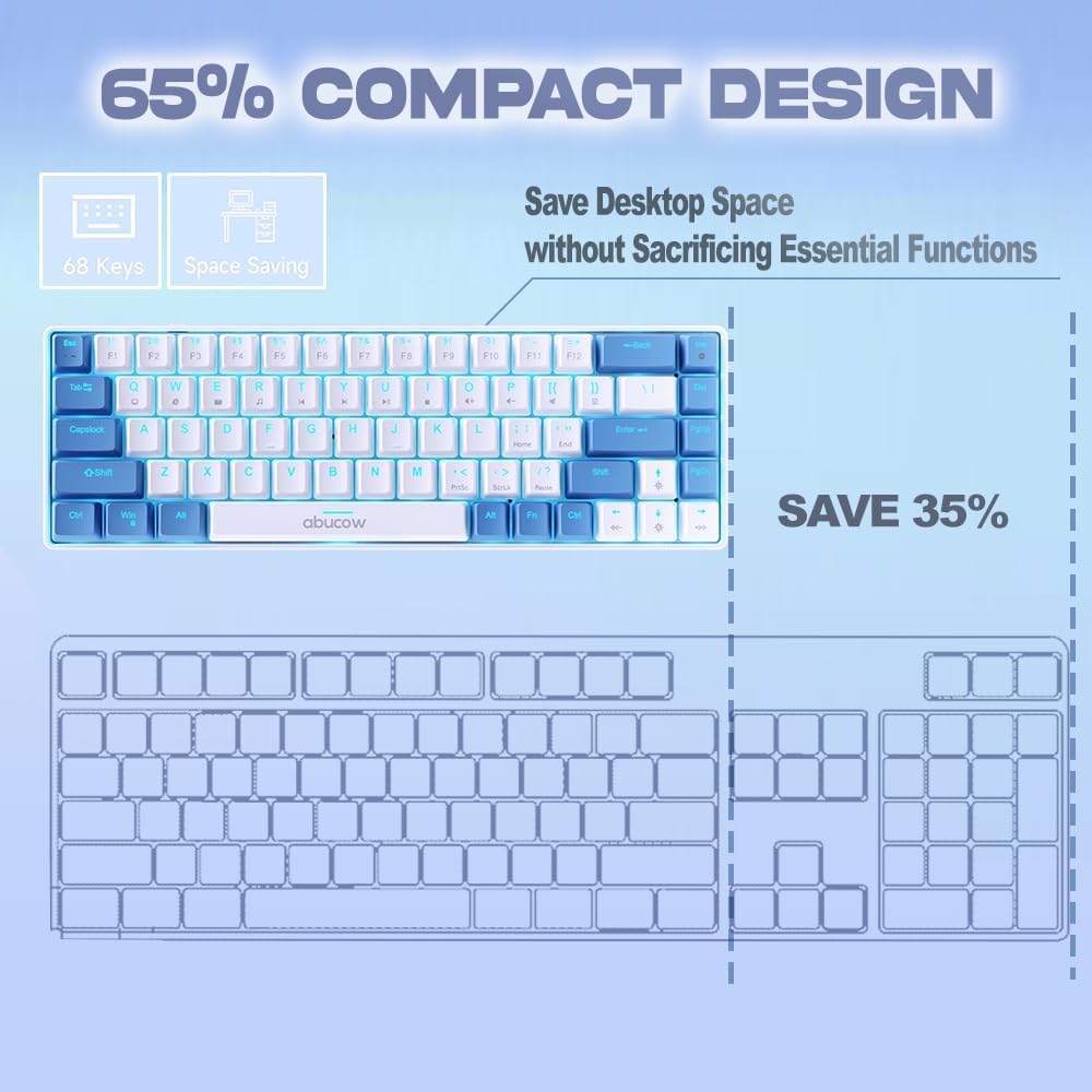 abucow 60% Mechanical Gaming Keyboard, Red Switch Wired Compact Keyboard with Blue Backlight, Swappable Blue White Keycaps, for Windows/Mac