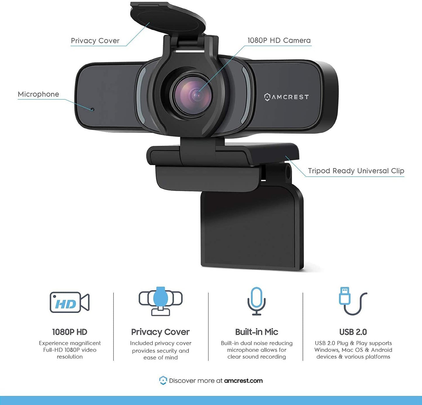 Amcrest 1080P Webcam with Privacy Cover & Omnidirectional Microphone, Web Cam USB Camera, Computer HD Streaming Webcam for PC Desktop & Laptop, Boom Arm, Pop-Filter, Shock Mount (AM430-BPS-AWC201-B)