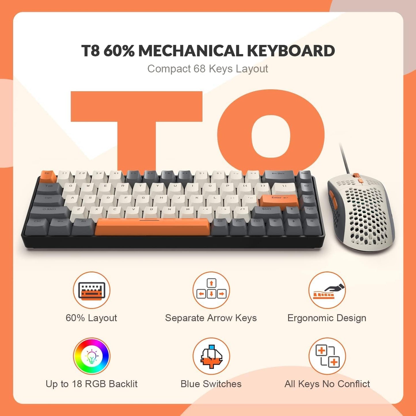 ZIYOU LANG RK-T8PR0 Wired 65% Mechanical Gaming Keyboard and Mouse Combo with RGB LED Backlit Anti-ghosting TKL Mini 68 Key Coiled C to A Cable Linear Red Switch for PS4 PS5 Xbox PC Mac Gamer(Gray)