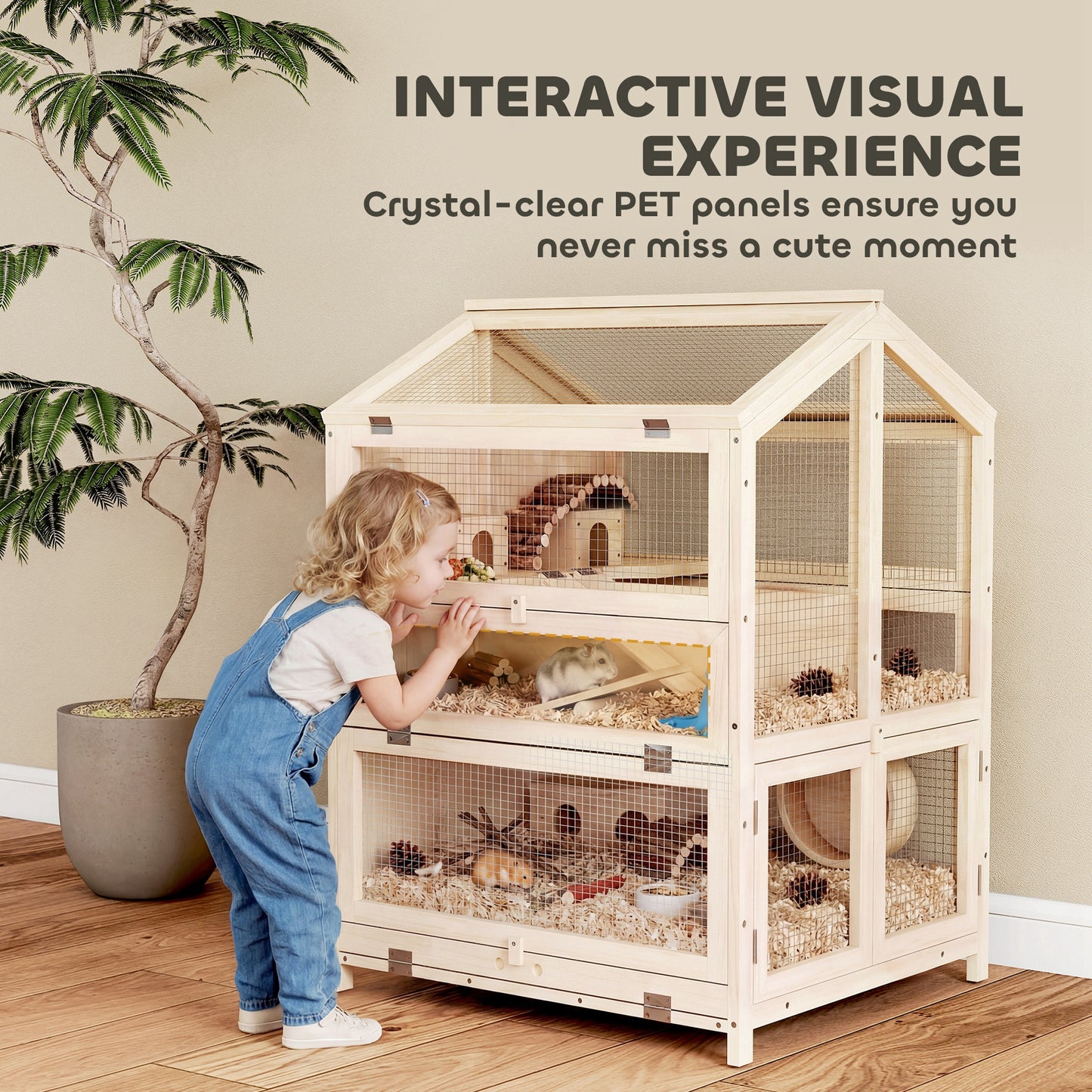 Large Wooden Hamster Cage 3-Tier with Pull-Out Tray & Openable Top