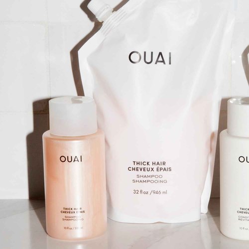 OUAI Thick Shampoo + Refill - Moisturizing Shampoo with Keratin, Marshmallow Root, Shea Butter & Avocado Oil for Thick Hair - Strengthens & Hydrates - Sulfate Free (2 Count, 10 Oz/32 Oz)