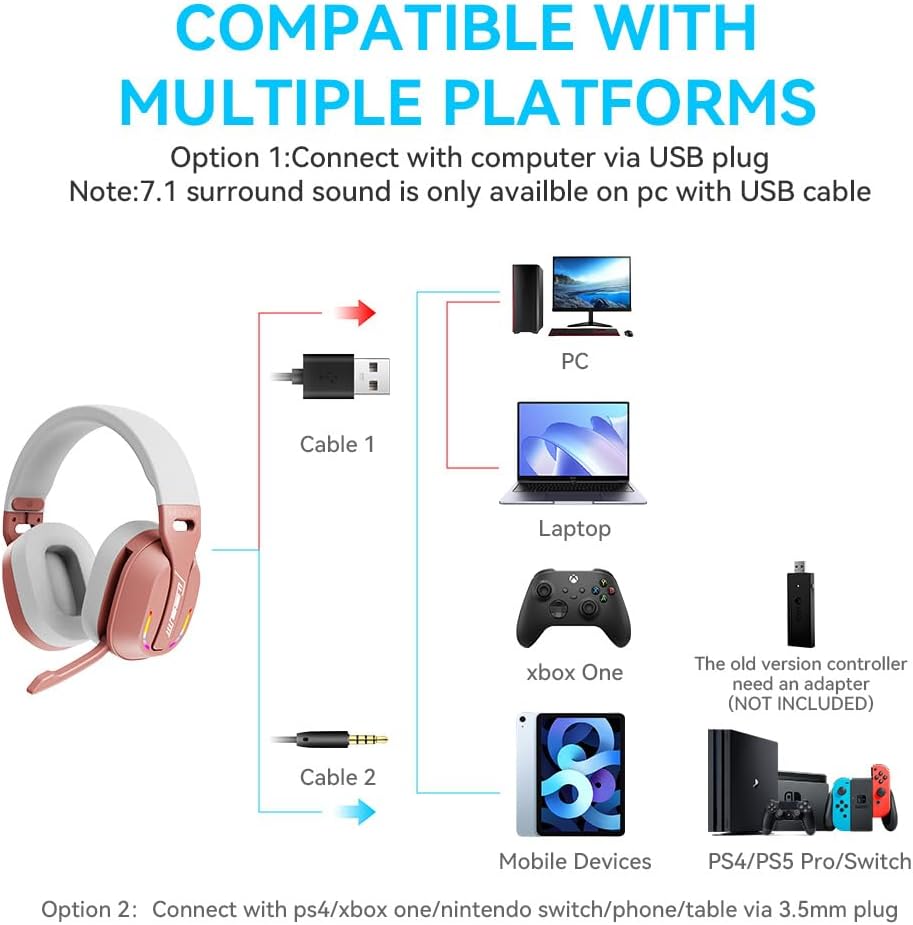 2.4GHz Wireless Gaming Headset for PC, PS5, PS4, Switch - Bluetooth 5.4, 20H Battery, with ENC Noise Canceling Microphone, Cool Lighting, 40mm Drivers,for Wired Mode Xbox Series -Black