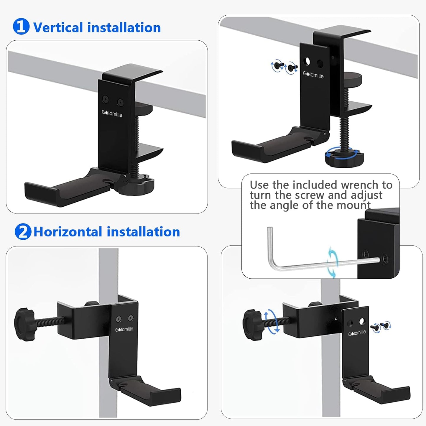 Aluminum Headphone Stand Hanger Foldable with Cable Clip - Goldmille Headset Holder Clamp Hook Under Desk, Save Your Space While Working & Gaming