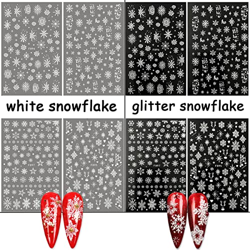 8 Sheets 3D Snowflake Nail Art Stickers Christmas Nail Decals Self-Adhesive White Glitter Snowflake Nail Stickers Reindeer Snowflakes Nail Design Winter Xmas Nail Decoration for Women Girls