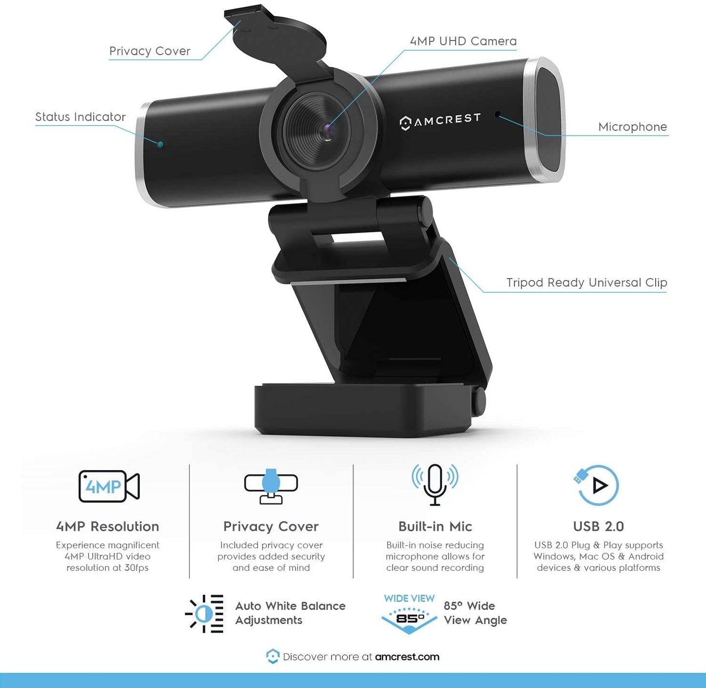 Amcrest 4-Megapixel Webcam w/Microphone & Privacy Cover, Web Cam USB Camera, Computer HD Streaming Webcam for PC Desktop & Laptop w/Mic, Wide Angle Lens & Large Sensor for Superior Low Light (AWC496)