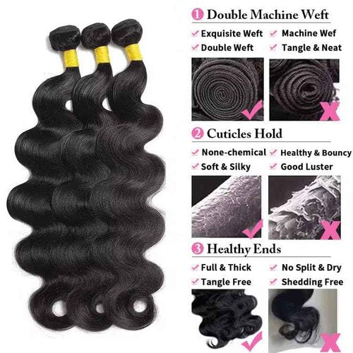 Rumdiku 12A Human Hair Bundles Body Wave Bundle Human Hair 18 20 22 Inch 100% Unprocessed Brazilian Virgin Hair Bundle Deals Weave 3 Bundle Human Hair Extensions Body Wave Bundles Natural Black