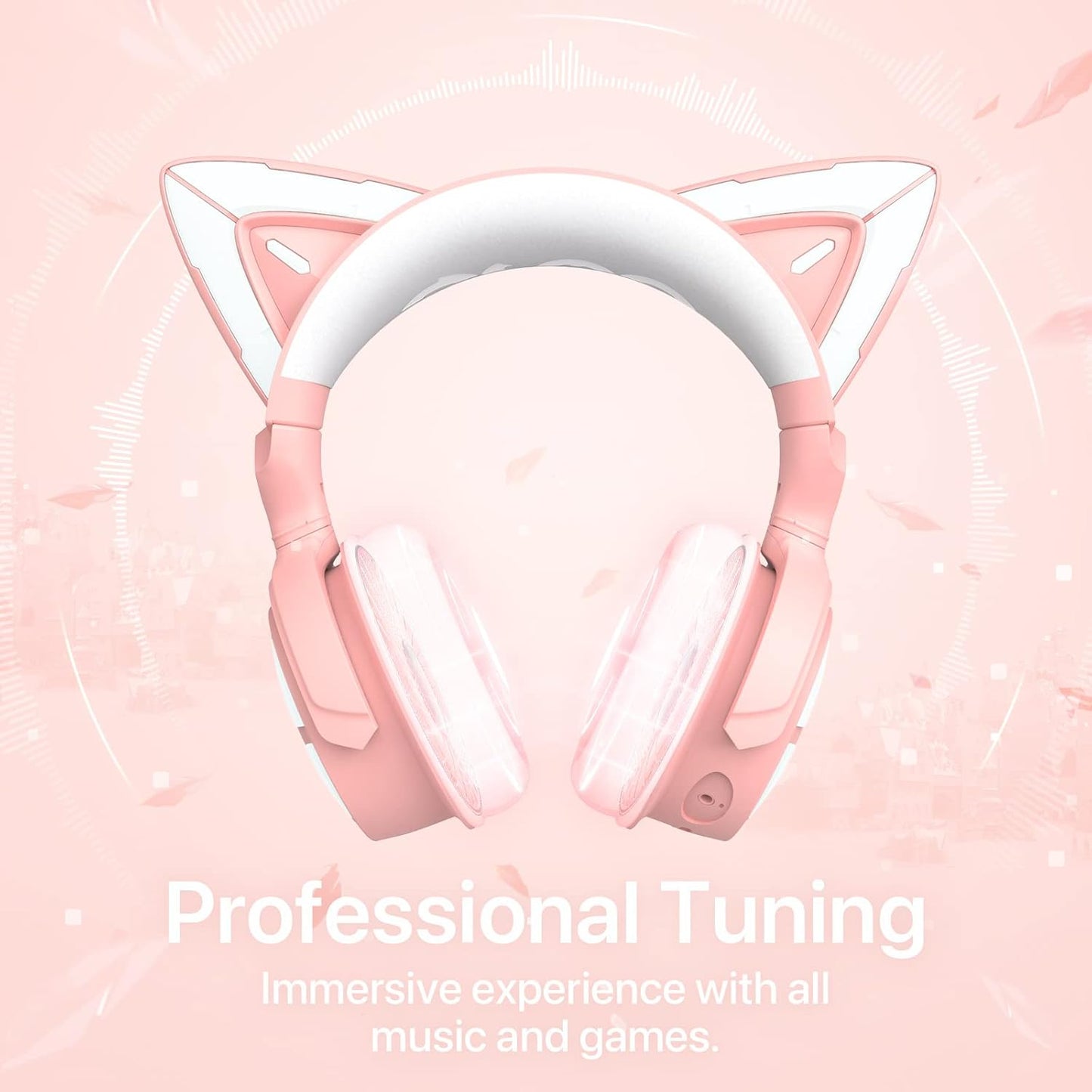 YOWU RGB Cat Ear Headphone 4, Upgraded Wireless & Wired Gaming Headset with Attachable HD Microphone -Active Noise Reduction, Dual-Channel Stereo & Customizable Lighting and Effect via APP (Pink)