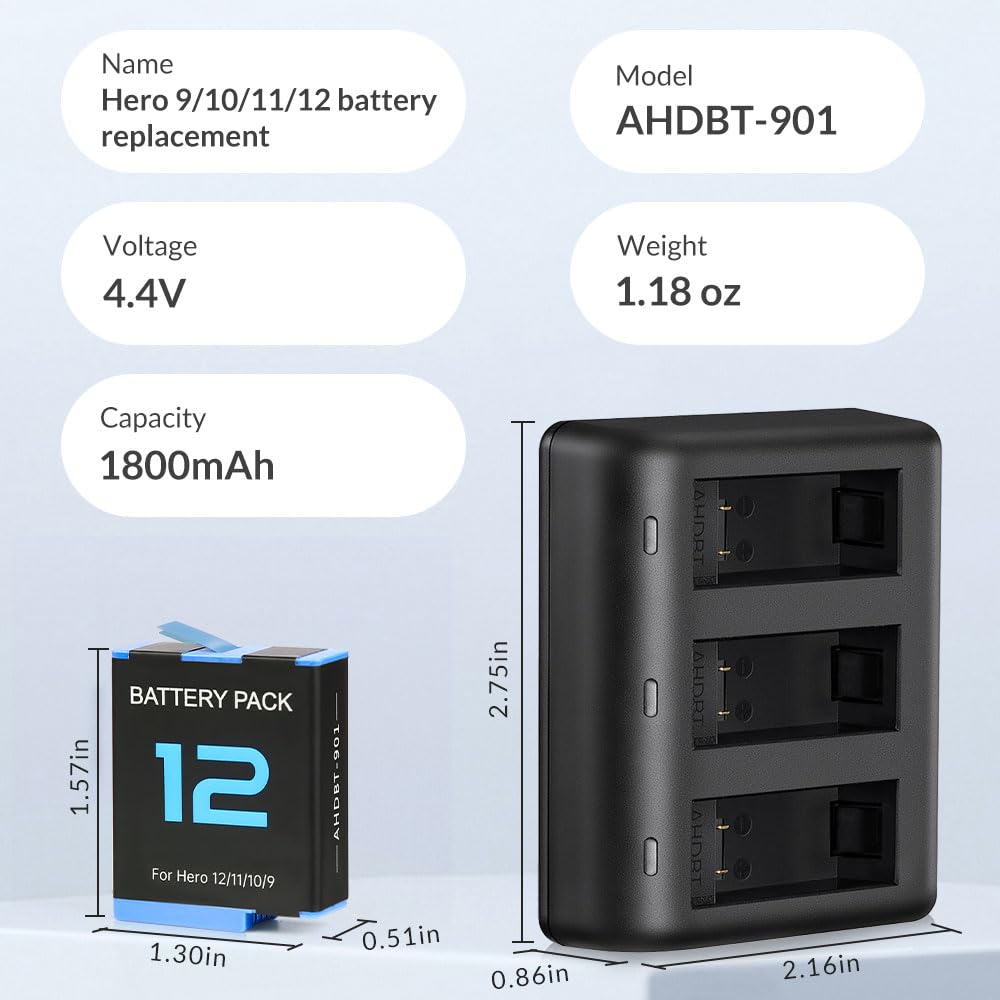 2-Pack 1800mAh Batteries for GoPro Hero 12 11 10 9, with USB Fast Charger and Protection Case, Perfectly Compatible with GoPro Hero 12 11 10 9 Black