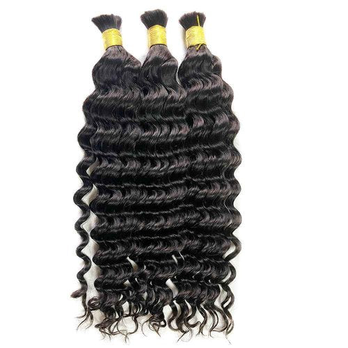 TIJRLGVBN Bulk Human Hair Deep Curly 3 Bundles (150g) - Boho Knotless & Box Braids 22"24"26" Natural Black