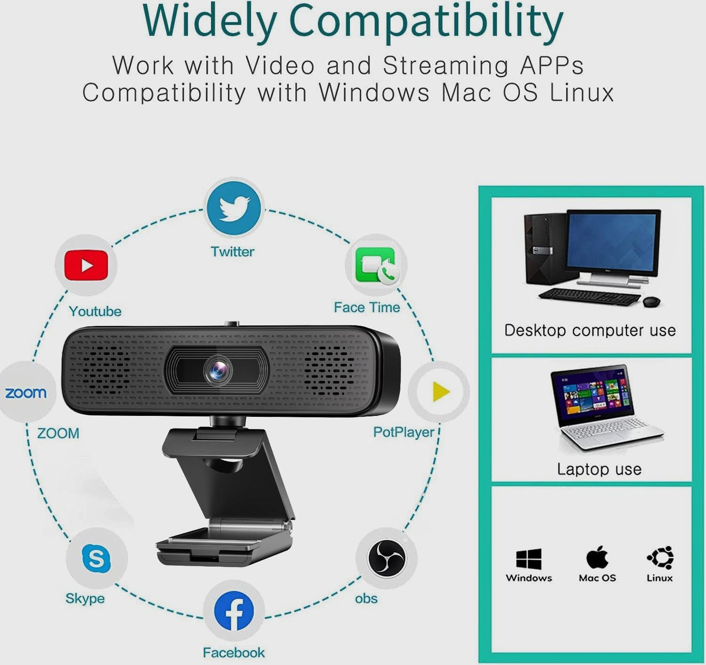 2K HD Webcam with 2 Speakers & Built-in Microphone for Computer Laptop,90 Degree View Angle Desktop USB Stream Camera with Privacy Cover for Conferencing Video Call/Network Teaching/YouTube/Skype
