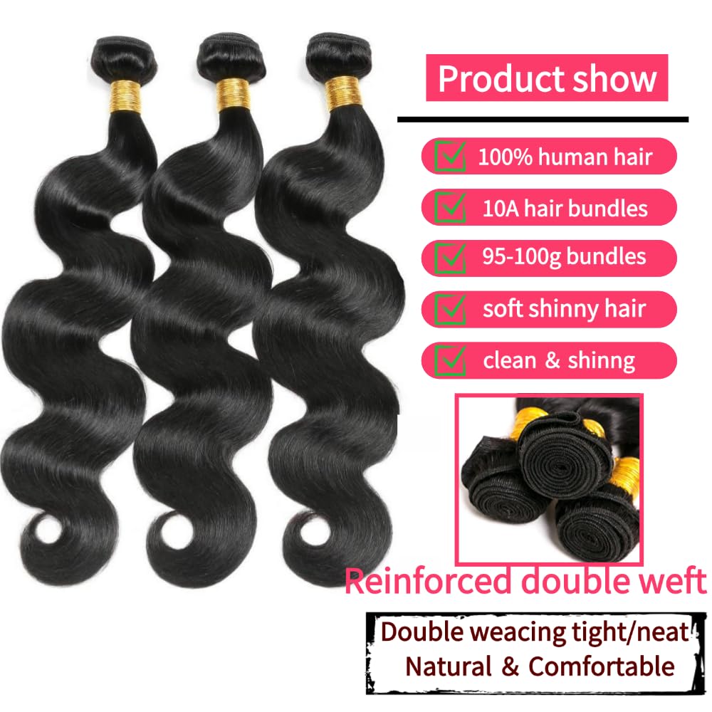 Genrein Body Wave Bundles Human Hair 16 18 20 Inch Brazilian Body Wave Human Hair 3 Bundles Natural Black Virgin Human Hair Extensions Unprocessed Wavy for Women