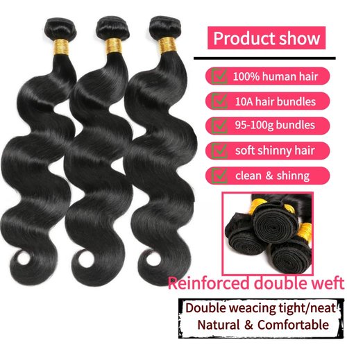 Genrein Body Wave Bundles Human Hair 16 18 20 Inch Brazilian Body Wave Human Hair 3 Bundles Natural Black Virgin Human Hair Extensions Unprocessed Wavy for Women