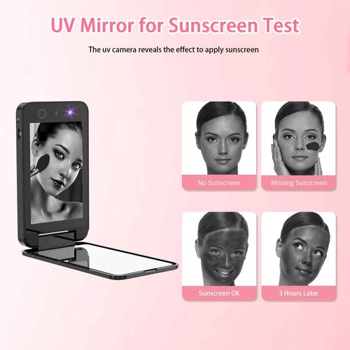DESCHEN 2500mAh Rechargeable UV Camera UV Mirror for Sunscreen Test, 4 Inch Portable Double-Sided Travel Smart UV Lens Compact Detection Makeup Sunscreen Testing Camera Mirror, Skin Sun Protection