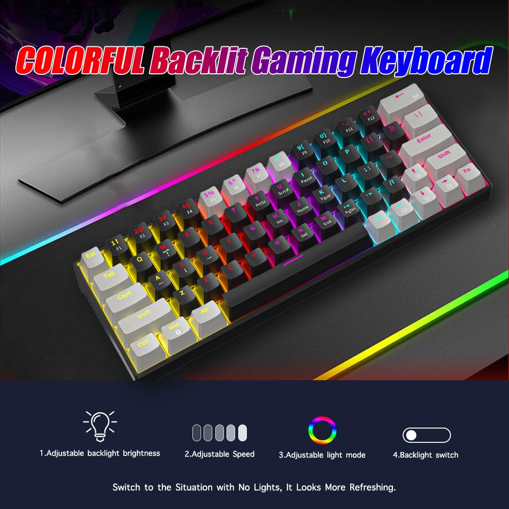 abucow Mechanical Keyboard Wired Swappable Gaming Keyboard with Colorful Backlit Custom 63 Keys (Black-Gray)