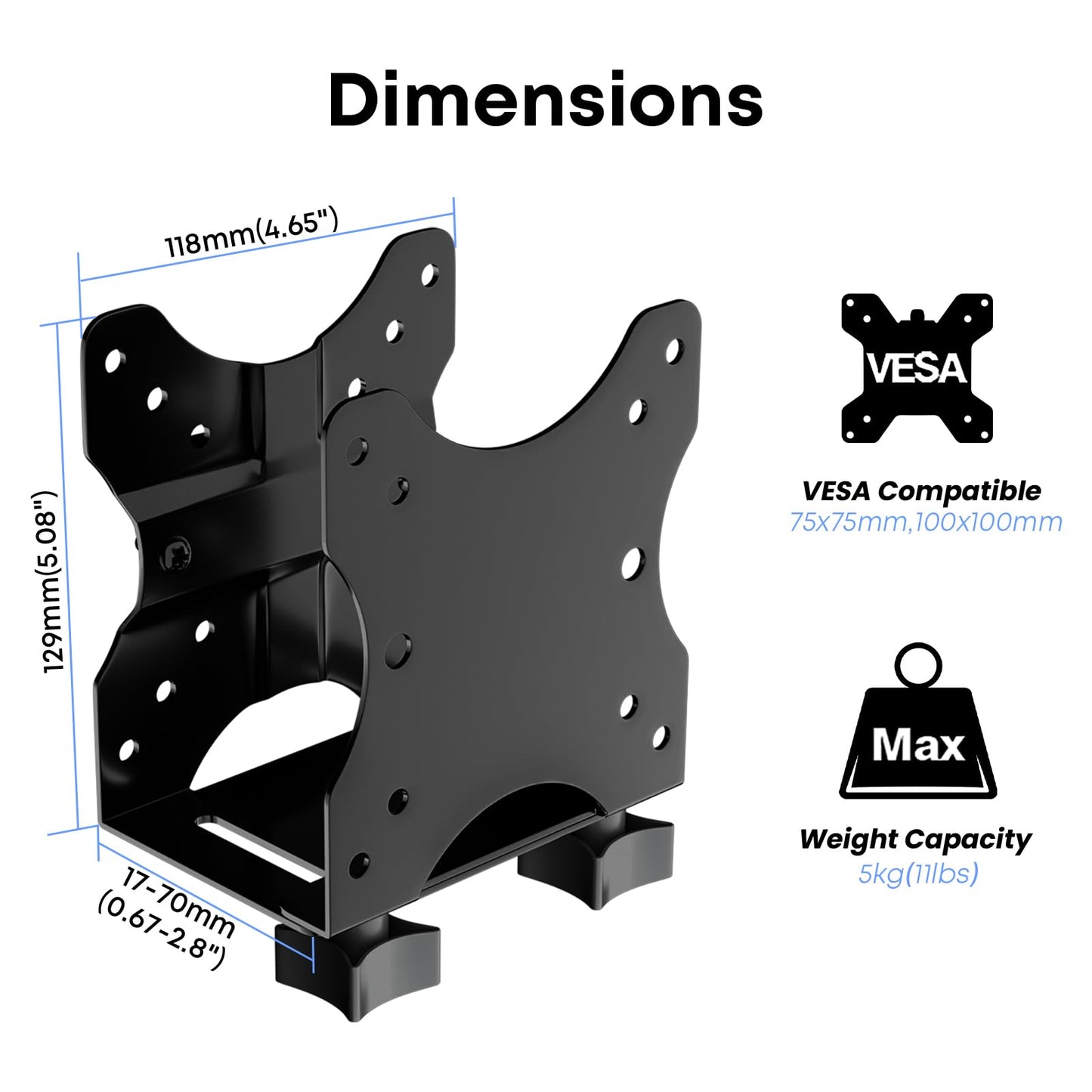 Adjustable Thin Client Mount Bracket - Mount Mini PC to Monitor Arm, Stand Pole, or Under Desk,Supports 0.67" - 2.8" Wide CPU,Black