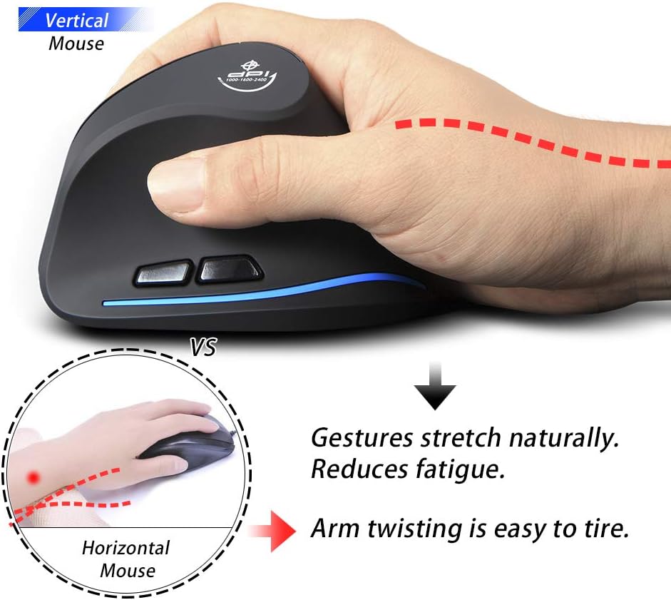 ZLOT Vertical Wireless Mouse,2.4G USB Optical Ergonomic Mice with 3 Adjustable DPI 1000/1600/2400 and 6 Buttons for Laptop, PC, Computer, Desktop, Black