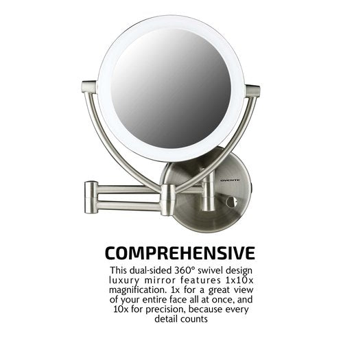 Ovente 7.5" Lighted Wall Mount Makeup Mirror, 1X & 10X Magnifier, Spinning Double Sided Round LED w/ Dimmer Switch, Extend, Retractable & Folding Arm, Battery USB Powered Nickel Brushed MLW75BR1X10X