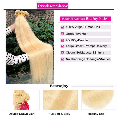 613 Blonde Human Hair Bundles with Closure 100% Brazilian Virgin Straight Bundles with 4x4 Lace Closure 613 Platinum 3 Straight Bundles Human Hair Weave with 4x4 Lace Closure (12 14 16+10)
