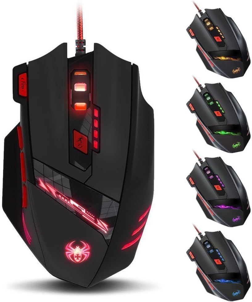 Zelotes T90 Professional 9200 DPI High Precision USB Wired Gaming Mouse,8 Buttons,With 7 kinds modes of LED Colorful Breathing Light, Weight Tuning Set (Black)