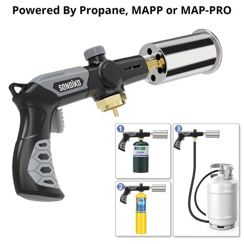 Sondiko Powerful Grill & Cooking Propane Torch L8010, Sous Vide, Campfire Starter, Adjustable Wood Torch Burner for Searing Steak, BBQ, Welding(Black, Grey) Propane Tank Not Included