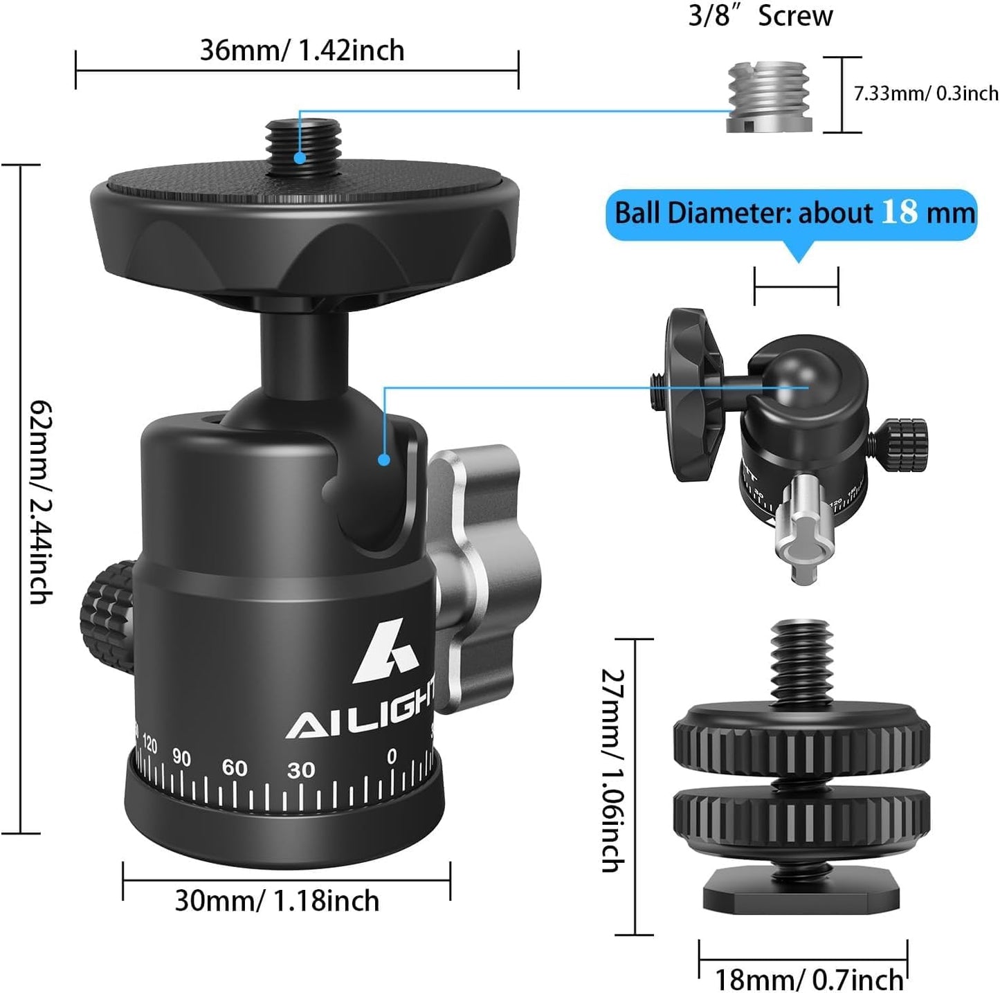 Ailight Mini Ball Head, 360° Panoramic Tripod Head, Universal 1/4" to 3/8" Screw Adapter Swivel Mini Ball Head Screw Tripod Mount, Dual Cold Shoe Mount for DSLR Cameras Camcorder(2 Pack
