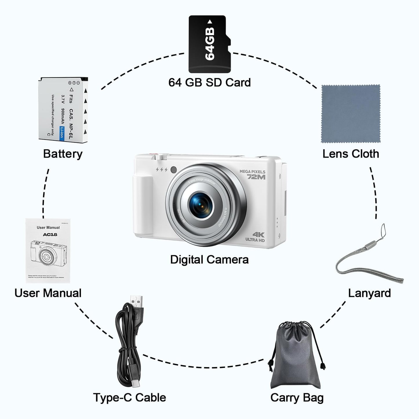 4K Digital Camera for Photography, 72MP Vlogging Camera for YouTube, Autofocus Digital Cameras with 270° Flip Screen, 18X Digital Zoom Point and Shoot Cameras with 64GB TF Card & Battery, Carry Bag