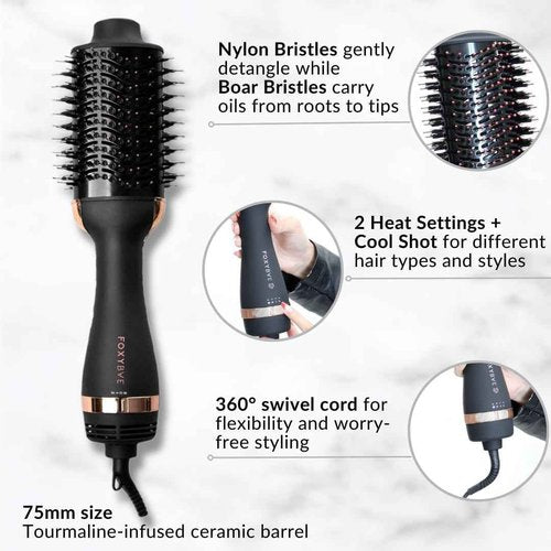 FoxyBae Blowout Hot Air Brush - 75mm Hair Dryer, Curler, Volumizer & Straightener - Ceramic Tourmaline Ionic Technology with Dual Bristles (Black Rose-Gold)