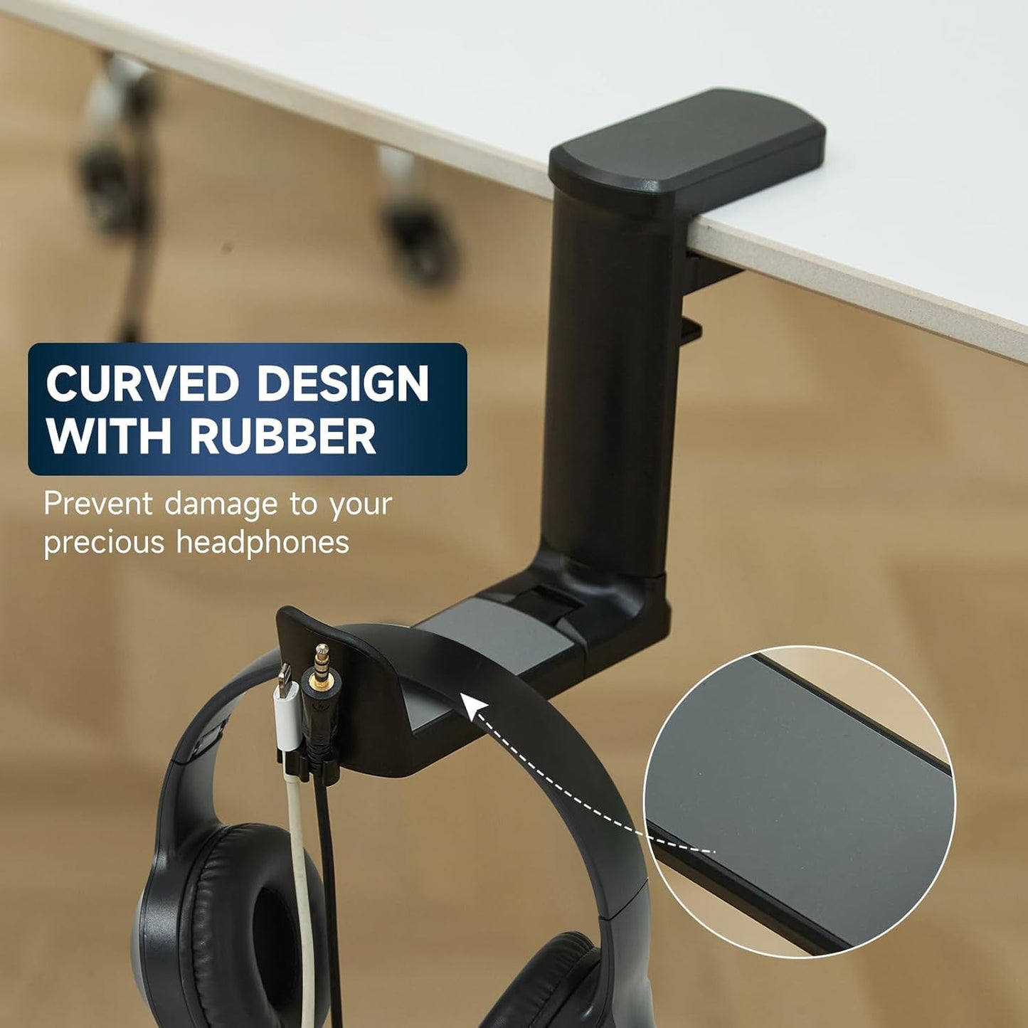 Adjustable Clamp-on Under Desk Hanger, PC Gaming Headset Holder- 360 Degree Swivel Rotating Headphone Stand & Cable Clip Organizer (Black)