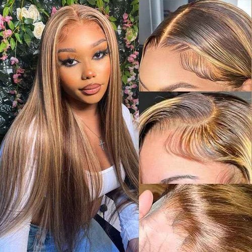 Kysonty 24 Inch Honey Blonde Ombre Lace Front Wig, Human Hair, Highlight, Straight, 180 Density, Glueless, 13x6 HD Lace Frontal Wig for Black Women, Pre-Plucked With Baby Hair, 4/27 Colored