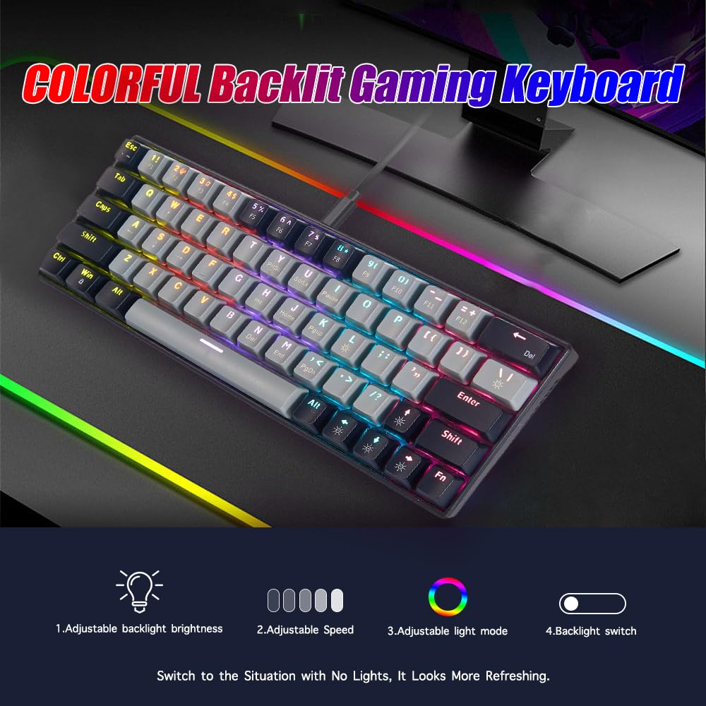abucow Mechanical Keyboard Wired 60% Gaming Keyboard with Colorful Backlit Custom 63 Swappable keycaps (Gray-Black)