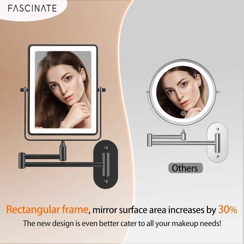 FASCINATE 5000mAh Rechargeable Wall Mounted Makeup Mirror, 8.7" Double Sided Touch Switch 1X 30X Rectangle Magnifying Mirror with Light, 3 Color Setting, Extended Arm 360° Swivel Foldable Black
