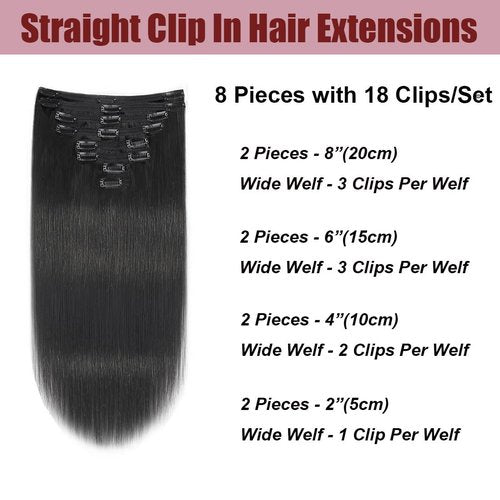 Straight Clip in Hair Extensions Real Human Hair Clip ins Double Weft Straight Clip ins Human Hair Extensions Full Head Natural Black for Women 8Pcs with 18Clips, 120G, 24Inch