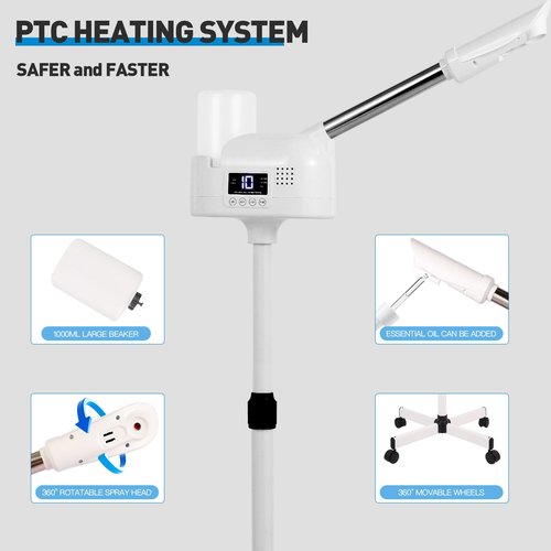 Professional Facial Steamer, Facial Steamer with Hot Mist and Timer Function for Deep Hydration, Height Adjustable Face Steamer on Wheels with Touch Screen and Rotatable Nozzle for Salon Spa Home Use