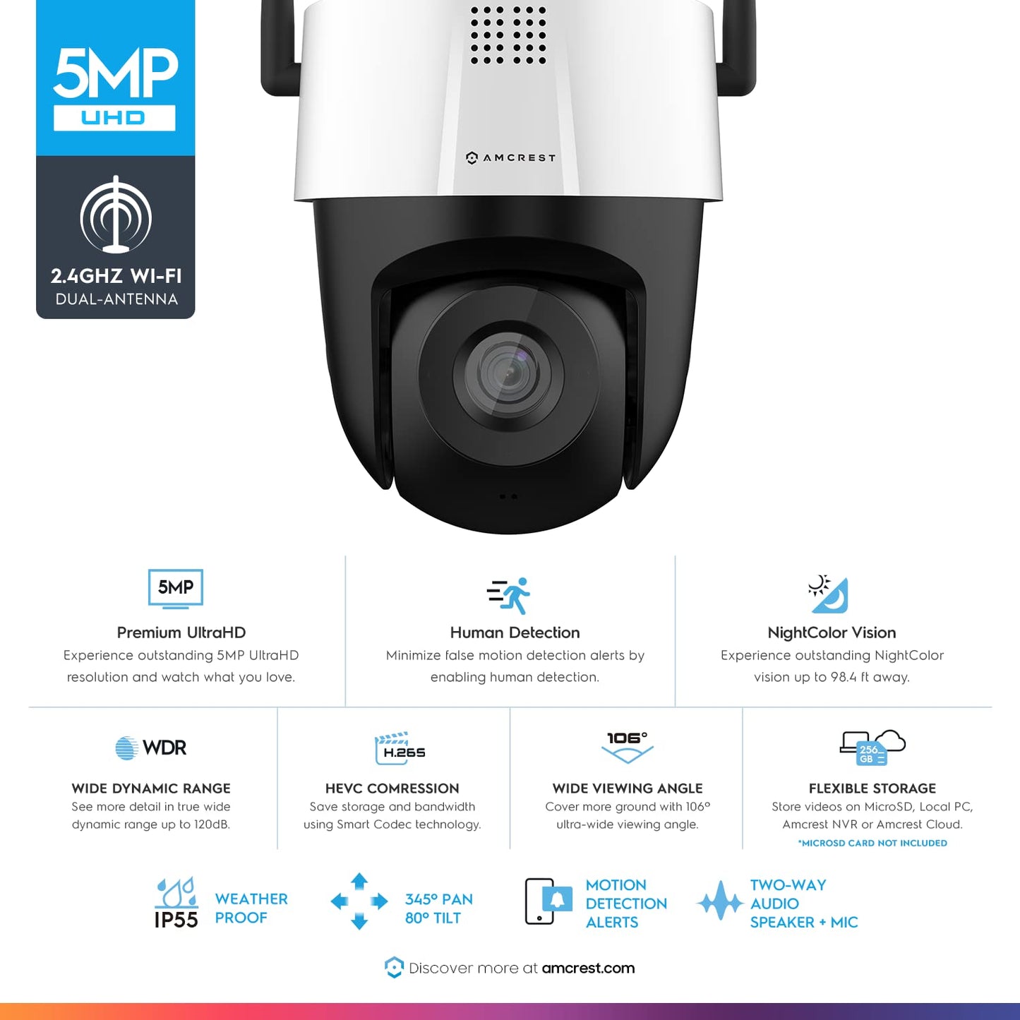 Amcrest 5MP UltraHD Mini AI Outdoor WiFi Camera, Security IP Camera with Two-Way Audio, 98ft Full Color Nightvision, Remote Viewing, 5-Megapixel, Wide 106° FOV, IP5M-1190W-V2 (White)