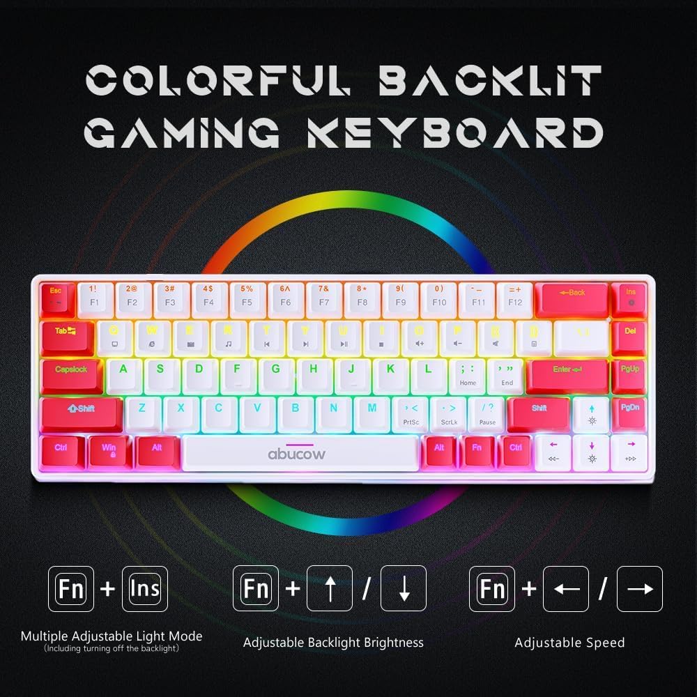 abucow 60% Wired Mechanical Keyboard – 68-Key Compact Layout, Full Anti-Ghosting, Brown Switch Swappable Red White Keycaps, for Windows/Mac