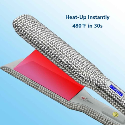 Hair Straightener Ceramic Flat Iron with Gorgeous Rhinestone Bling Crystal Diamond, 2 in 1 Hair Straightener and Curler, 60 Min Auto Shut Off, LCD Temp Display,1.6in Widen Ceramic Plates (White)