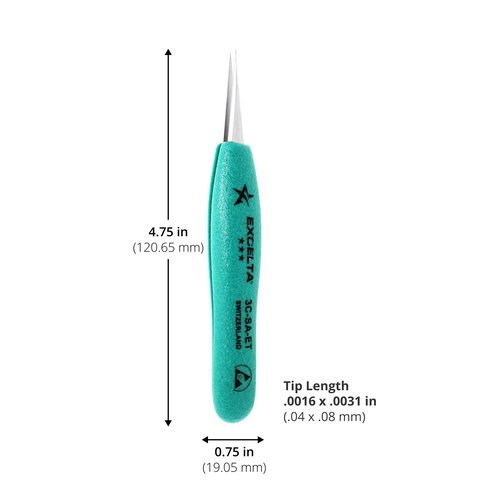 Excelta 3C-SA-ET Straight Very Fine Precision Pointed Tweezers, Ergo-Tweeze TealShield Soft Cushioned Grips, Anti-Magnetic Neverust Stainless Steel, 4.75” Long, Swiss Made, Professional