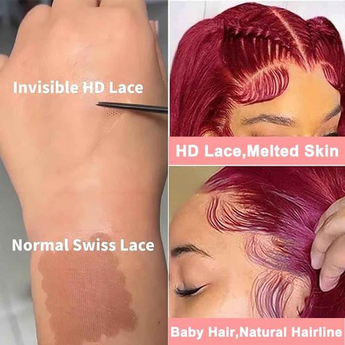 13X6 Burgundy Lace Front Wigs Human Hair 180% Density Body Wave Red Wig Human Hair Pre Plucked 12A Brazilian Virgin Hd Lace Frontal 99J Human Hair Wig Natural Hairline With Baby Hair(Burgundy, 24inch)