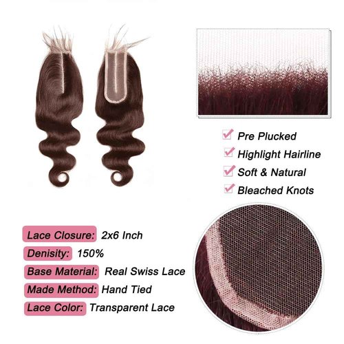 #4 Brown Human Hair Closure Transparent Lace 2x6 Brown Body Wave Closure Pre Plucked Deep Part 100% Unprocessed Human Virgin Hair Wet And Wavy 18 Inch