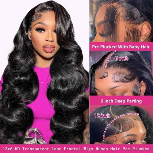CHUDI 13x6 HD Transparent Lace Front Wigs Human Hair Pre Plucked 220 Density Brazilian Body Wave Frontal Wigs Human Hair with Baby Hair Natural Hairline Natural Black 22 Inch