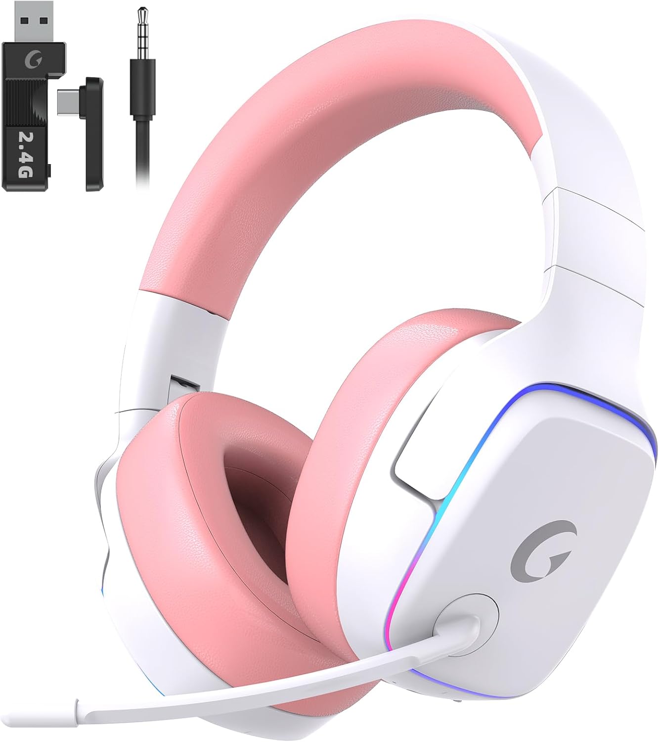 2.4GHz Wireless Gaming Headsets for PS5, PS4, PC, Switch - Bluetooth 5.3 Gaming Headphones with Noise Canceling Mic, 7.1 Surround Sound, 70H Battery, Blue Lighting - White