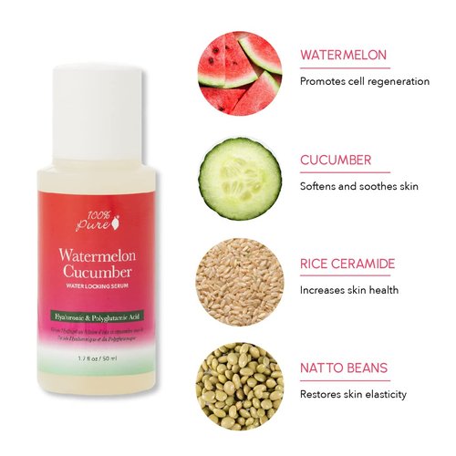 100% PURE Watermelon Cucumber Water Locking Serum for Face Moisturizing Glow Skin Care - Hyaluronic Acid Boost to Replenish Hydrate & Plump Dry Thirsty Skin, Vegan - 1.7 fl oz