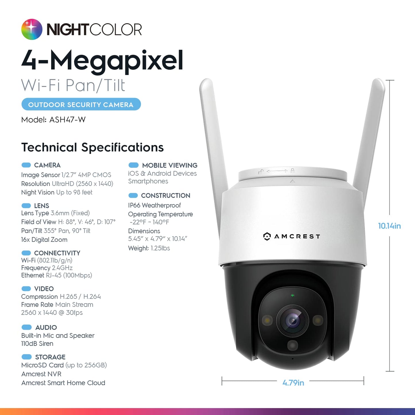 Amcrest 4MP Outdoor PT WiFi IP Camera Pan Zoom (Digital 16x) SmartHome WiFi Camera Security Speed Dome, Motorized Tilt, 98ft Nightcolor, (2.4Ghz), 107º FOV, IP66, 4MP, ASH47-W