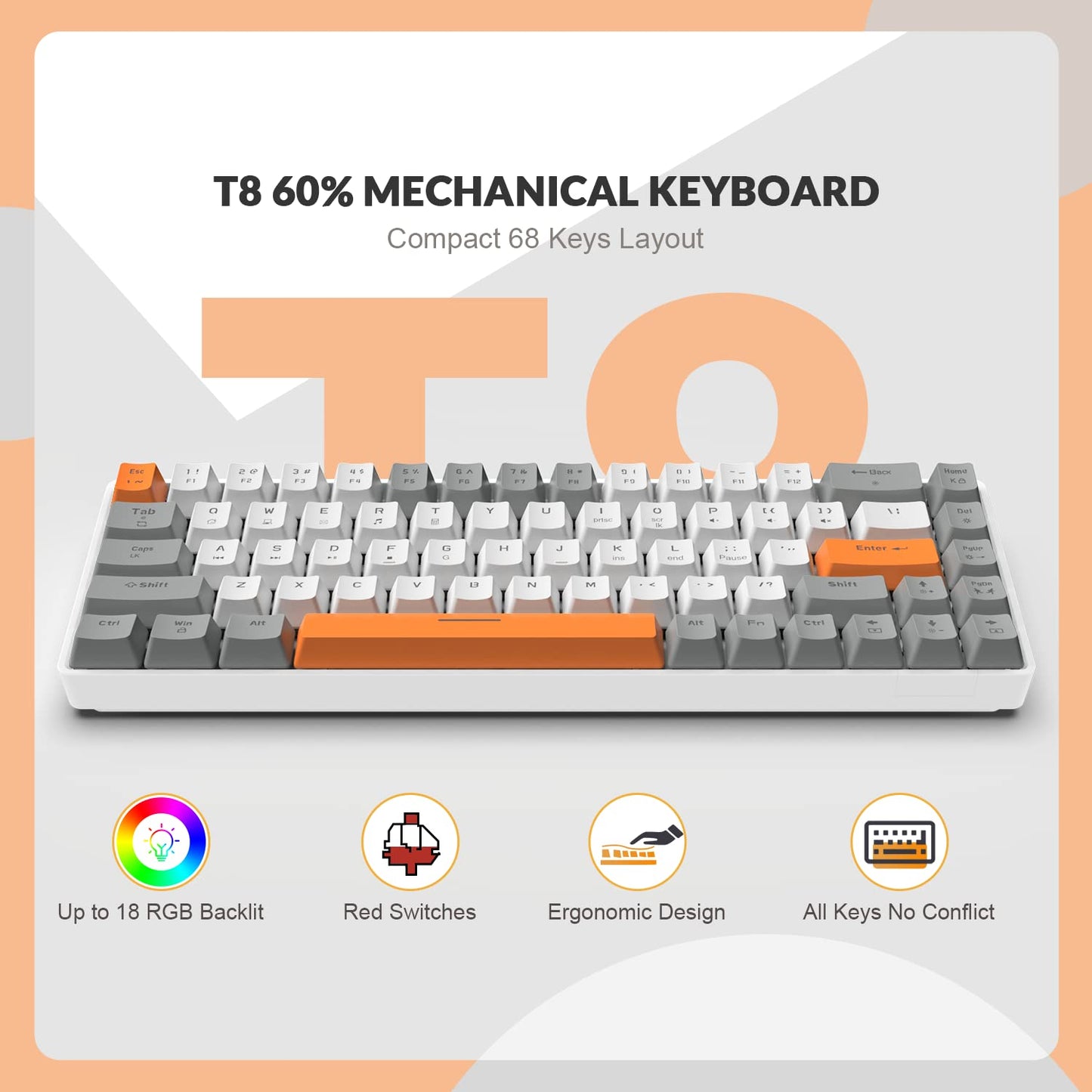 ZIYOU LANG RK-T8 Wired 65% Mechanical Gaming Keyboard with RGB LED Backlit Anti-ghosting TKL Mini 68 Key Custom Coiled C to A Cable Linear Red Switch for PS4 PS5 Xbox PC Mac Gamer(Gray/White/Orange)