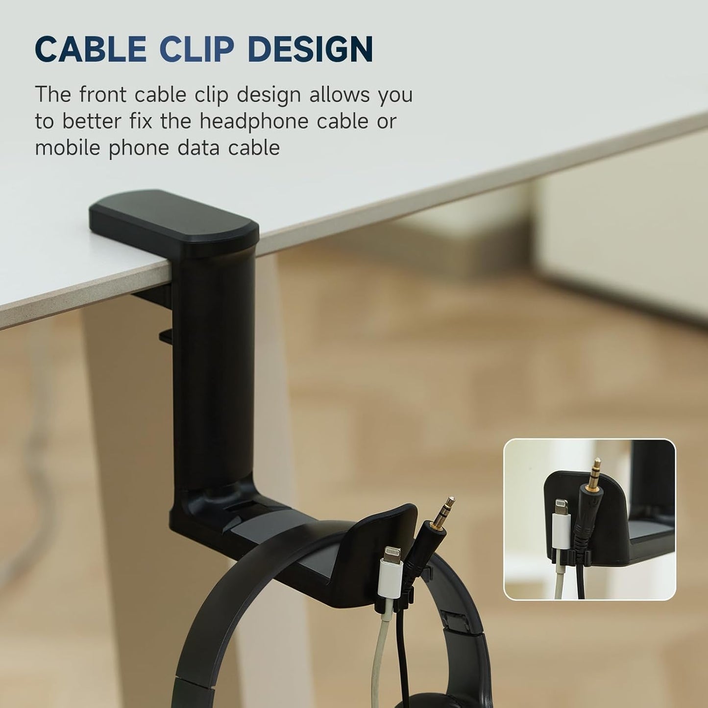 Adjustable Clamp-on Under Desk Hanger, PC Gaming Headset Holder- 360 Degree Swivel Rotating Headphone Stand & Cable Clip Organizer (Black)